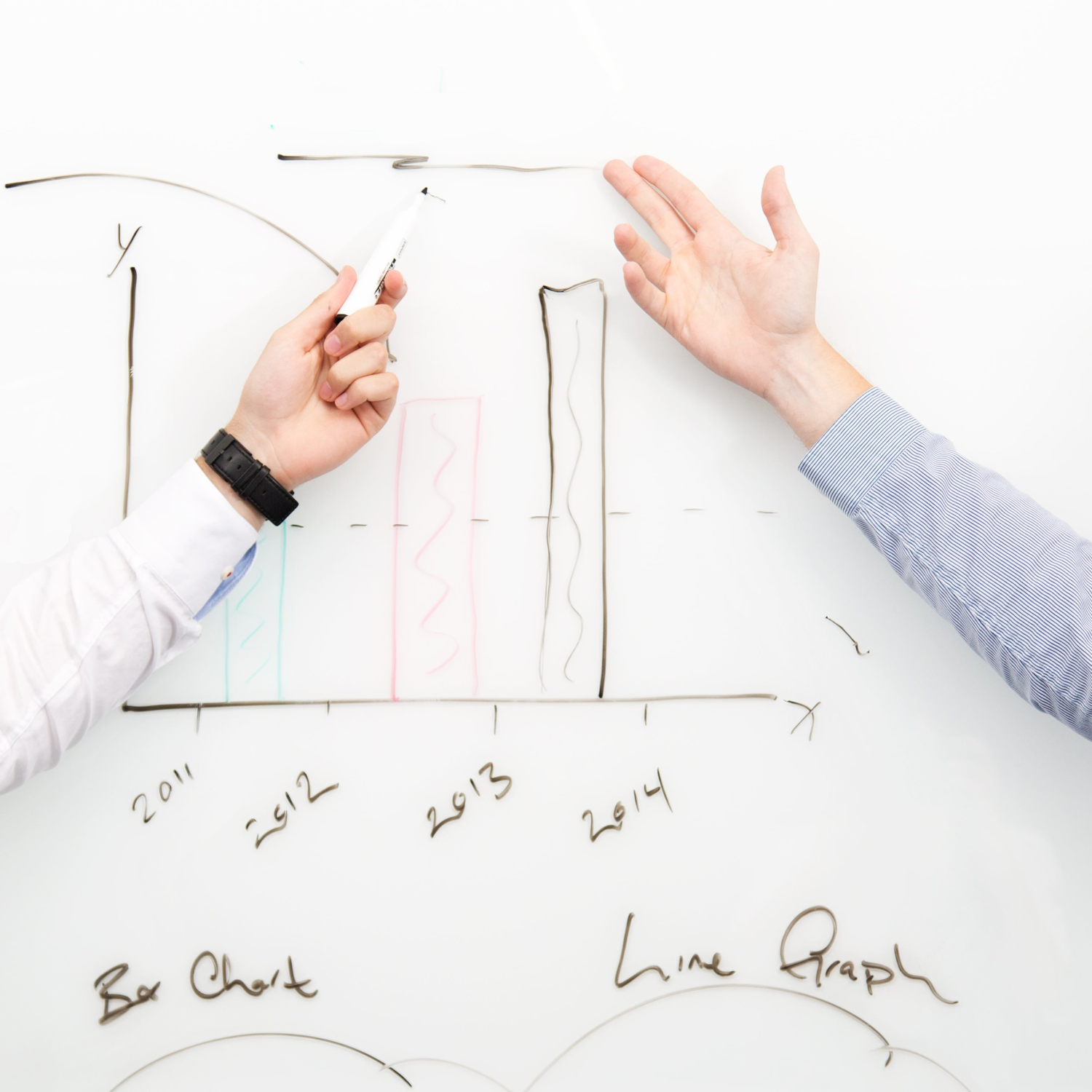 Two people drawing a bar chart on a whiteboard with markers.